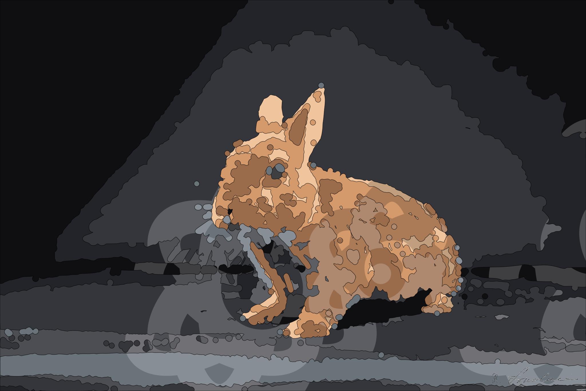 Drawn by bot huDwd2jhKxT8cAVWkeBWXJ; art-bloby; a brown rabbit sitting on top of a black surface AI Art