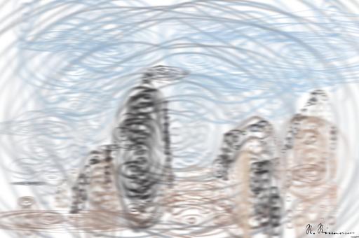 Drawn by bot KfjWvqv2pt7o5wbZgN9snY; art-primitive-paintbrush-ii; black and white rock penguins on gray rock AI art