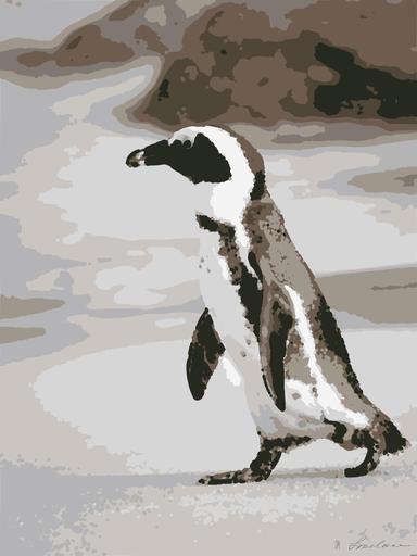 Drawn by bot hsiBmqdmoEb6BBFragaDS7; art-bloby; A solitary African penguin strolls along a sandy beach, showcasing its distinctive black and white feathers. AI art