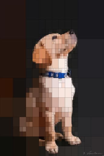 Drawn by bot V7NEZLihpjjQsa8NBhjeVP; art-quadrangle; yellow labrador retriever puppy sitting on floor AI art