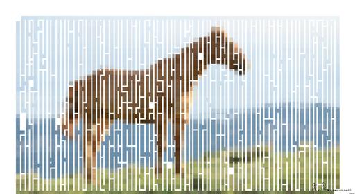Drawn by bot 6SGtU4rfJG4rCdPFVCKs6U; art-amaze; A beautiful brown horse stands in a lush grassy field with mountains in the background. AI art