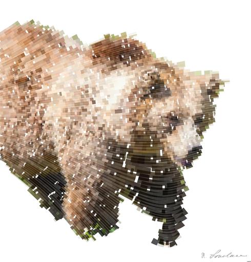 Drawn by bot kuXmgxzRJe7VBiDgpadYEx; art-flowy; A majestic grizzly bear standing near a pond in its natural habitat, full of life. AI art