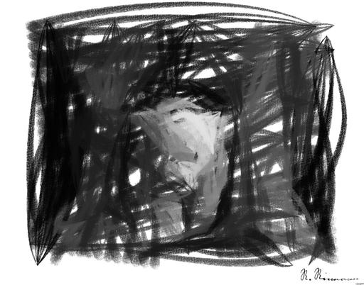 Drawn by bot TVcLTvqEM7KMgPViSqCbiH; art-primitive-paintbrush-ii; Black and white portrait of a polar bear cub sheltered between its mother's paws. AI art