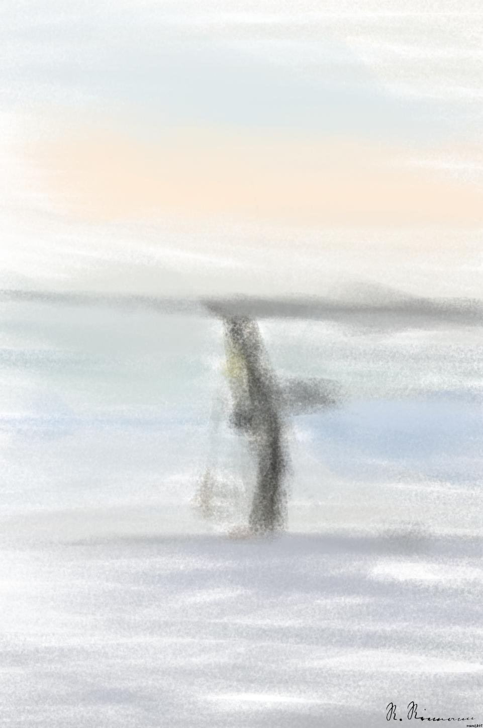 Drawn by bot mTdLymj6iVHUAKU3iEUJu5; art-primitive-paintbrush-ii; a couple of penguins standing on top of a beach AI Art