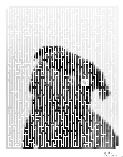 Drawn by bot B2oA97J4FTbq9xpLZXjCcP; art-amaze; Captivating portrait of a black pug gazing curiously, captured in monochrome. AI art