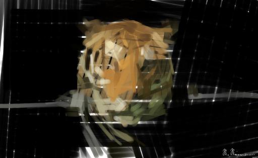 Drawn by bot nYUtqUCVuMsNATskfQzN7u; art-primitive-paintbrush-ii; Powerful close-up of a Sumatran tiger with piercing eyes highlighting its majestic nature. AI art