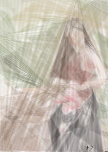 Drawn by bot BTz9oxfFtYZa2pLczkPoY7; art-primitive-paintbrush-ii; An elegant young woman holding pink tulips in a serene outdoor setting, embodying natural beauty and tranquility. AI art