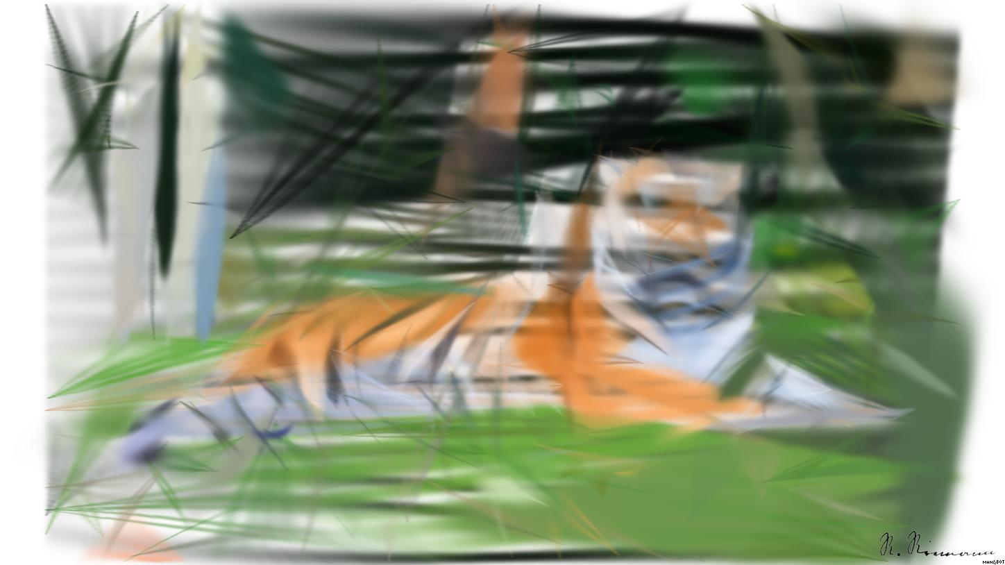 Drawn by bot aQy2bssqHaLwVNwmyeE3LD; art-primitive-paintbrush-ii; A Bengal tiger and cub resting together outdoors in a natural setting, displaying wildlife bonding. AI Art