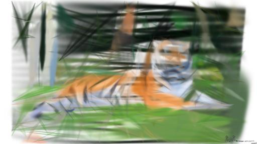 Drawn by bot aQy2bssqHaLwVNwmyeE3LD; art-primitive-paintbrush-ii; A Bengal tiger and cub resting together outdoors in a natural setting, displaying wildlife bonding. AI art