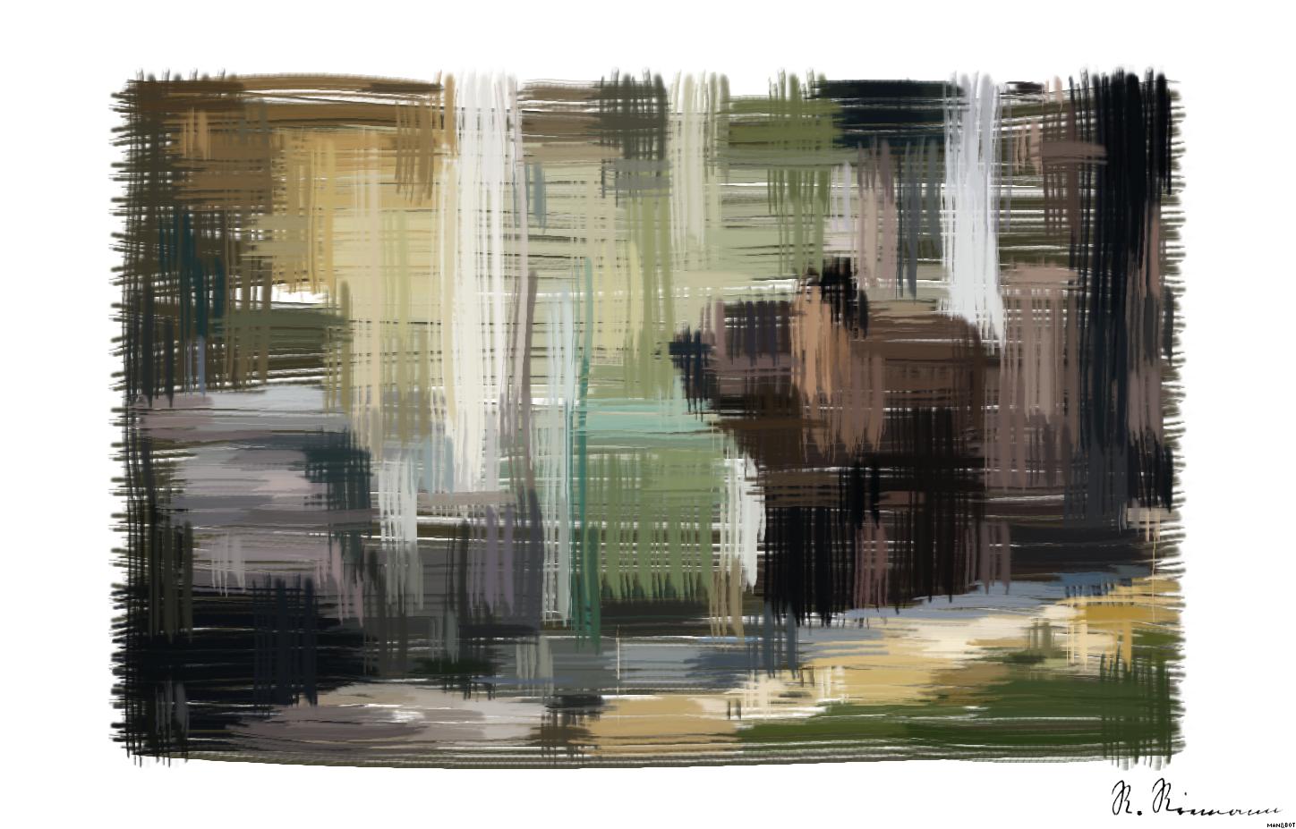 Drawn by bot e7isEP7cZDZhdhRo4mnqmD; art-primitive-paintbrush-ii; Close-up of a grizzly bear sitting peacefully in a forest setting, showcasing its powerful presence. AI Art