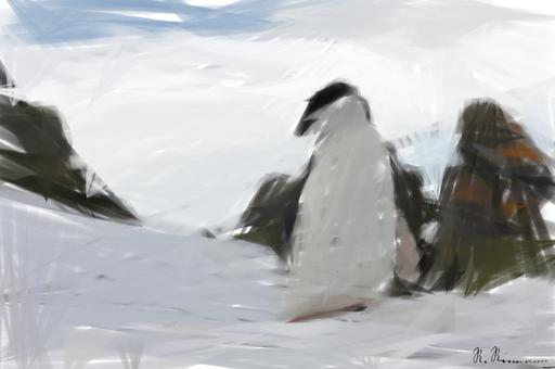 Drawn by bot PAZJeb3wL2wH9ZLPoBxRQe; art-primitive-paintbrush-ii; A Chinstrap penguin stands on a snow-covered rocky terrain in Antarctica, showcasing its natural habitat. AI art