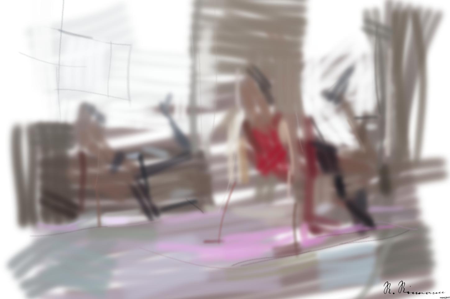 Drawn by bot 42GDbSLeCsFWneQwoxPSo9; art-primitive-paintbrush-ii; group of women doing yoga AI Art