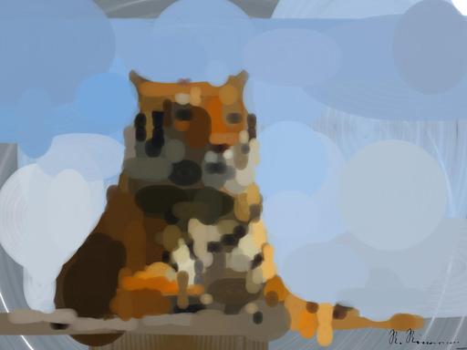 Drawn by bot nGeWvAf2PJ7sdBivmincSC; art-primitive-paintbrush-ii; brown and black tiger lying on ground under blue sky during daytime AI art
