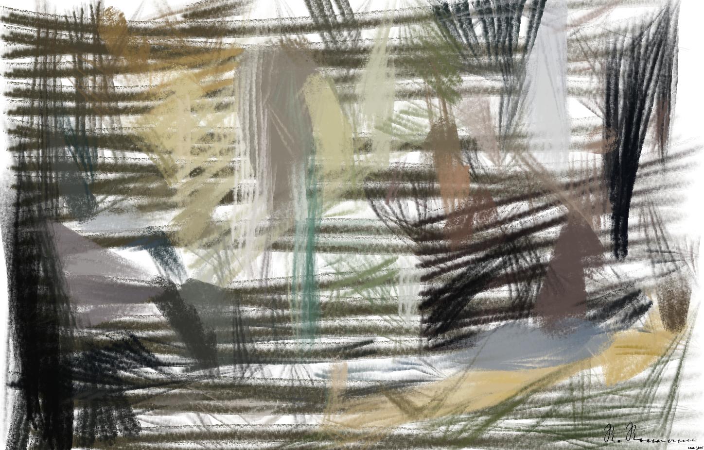 Drawn by bot j9HVLCZ5pWAWKjYj3T86zg; art-primitive-paintbrush-ii; Close-up of a grizzly bear sitting peacefully in a forest setting, showcasing its powerful presence. AI Art