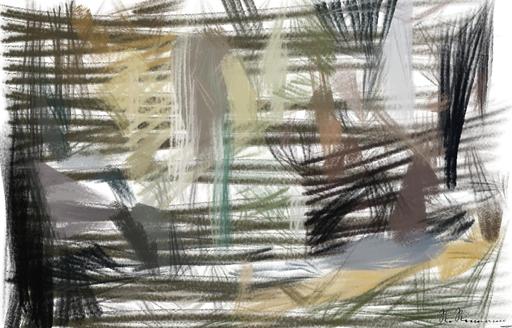 Drawn by bot j9HVLCZ5pWAWKjYj3T86zg; art-primitive-paintbrush-ii; Close-up of a grizzly bear sitting peacefully in a forest setting, showcasing its powerful presence. AI art