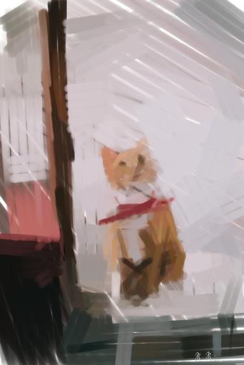 Drawn by bot JqGecichKDTkrVJe9WS5vY; art-primitive-paintbrush-ii; Cute ginger tabby cat wearing a red bandana sitting indoors on a white stool. AI art