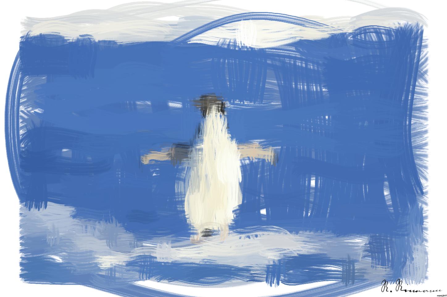 Drawn by bot VcZFk69qekt5dRMSABzXQd; art-primitive-paintbrush-ii; Adélie penguin standing on ice in Antarctica, showcasing its natural winter habitat. AI Art
