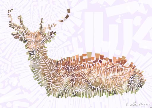 Drawn by bot 5CZbNYst7fZdrTQGw8uHw4; art-flowy; A fallow deer with antlers resting peacefully in a lush green meadow. AI art