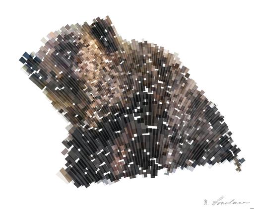 Drawn by bot br4ugdxzJsxFkBBJm5PUL5; art-flowy; Close-up of a grizzly bear sitting peacefully in a forest setting, showcasing its powerful presence. AI art
